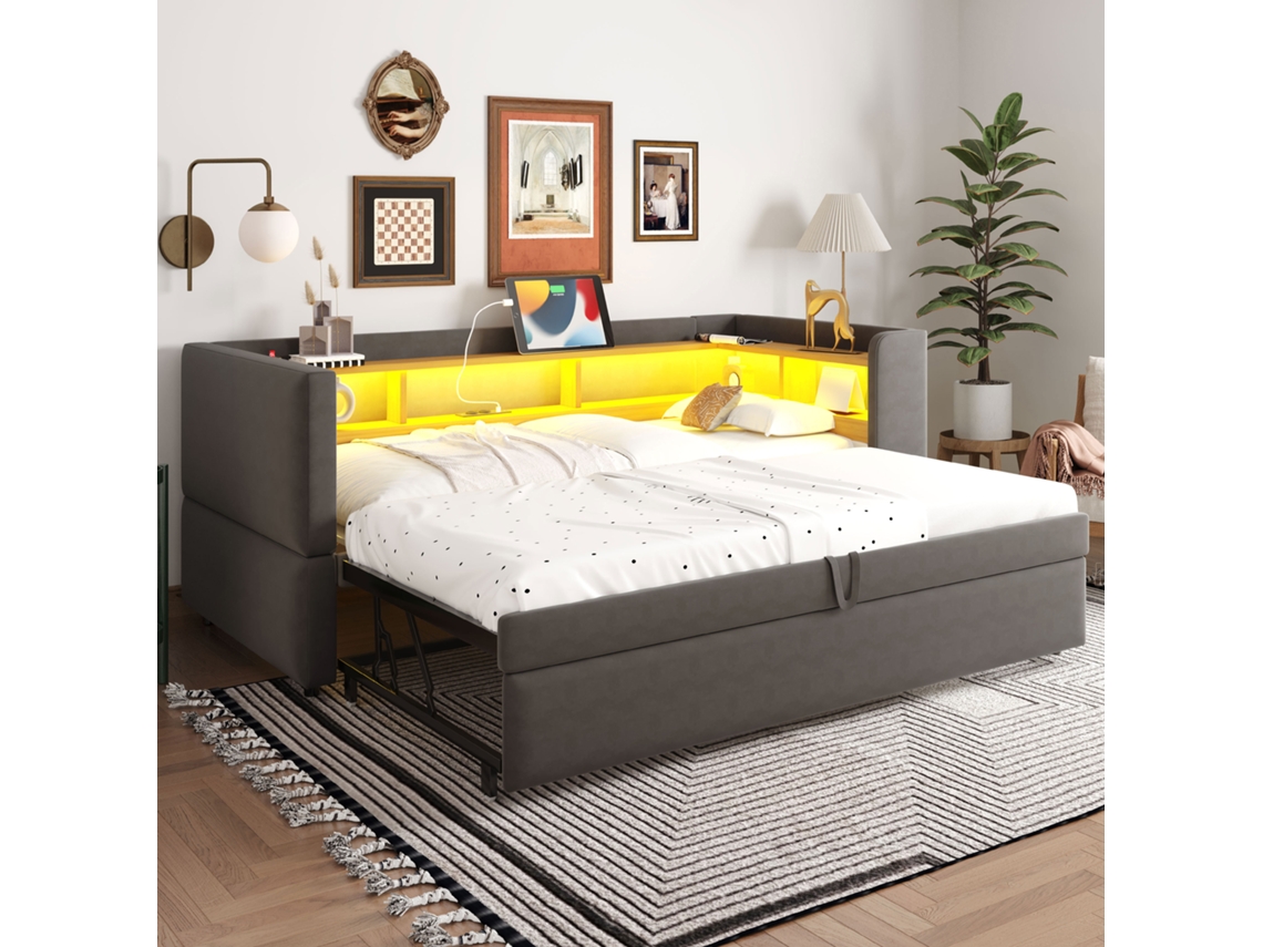Sofá cama Extensível 90/180x190 Cm, Led, Tomadas, Veludo Cinza VSOGA