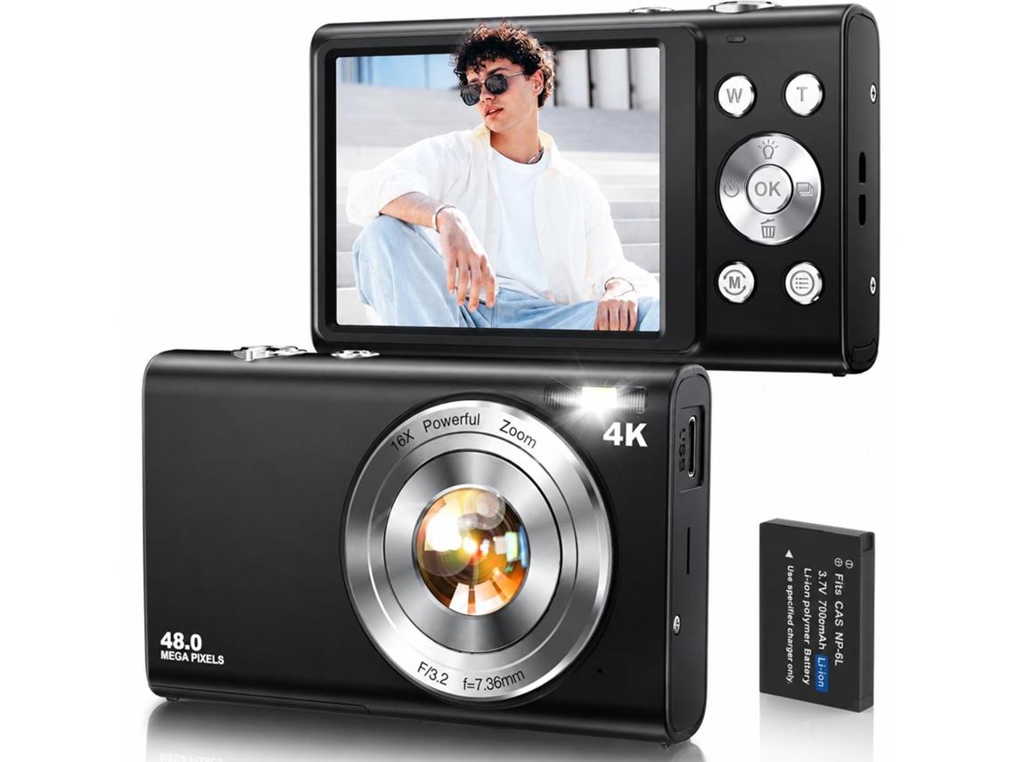 Câmera Digital 4k de 48mp com Foco Automático, Zoom de 16x e Cartão de 32gb BISBISOUS (preta)