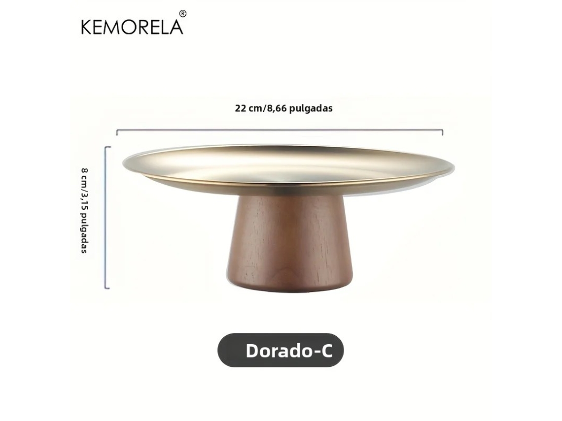 Prato de Sobremesa em Aço Inoxidável Estilo Coreano com Base de Madeira, Perfeito para Exibir Frutas e Decorar a Mesa. MDUG (dourado C)