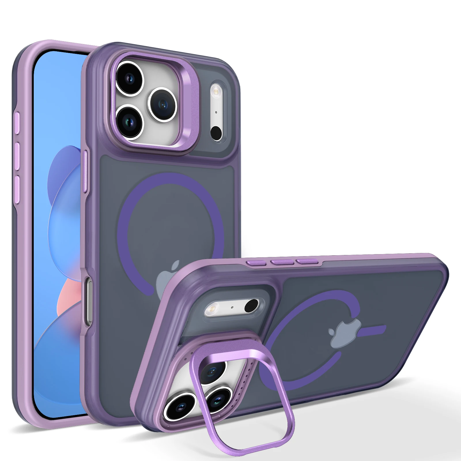 Capa Magnética Transparente À Prova De Choque Para Iphone 17 Pro Max, Roxa, Com Suporte, Compatível Com Carregamento Sem Fio Magsafe.