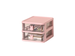 Caja de Armazenamento para Escritório com Gavetas Transparentes de Plástico, Alça de Coelho, 2 Níveis , Rosa, Grande Capacidade (13,4x17x11cm)