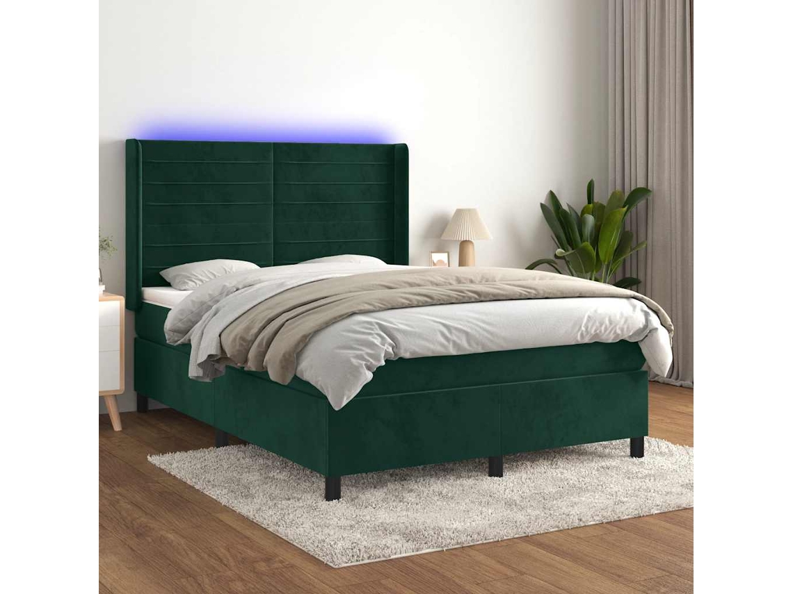 Vidaxl Cama Box Spring C/ Colchão/led 140x190 Cm Veludo Verde-escuro