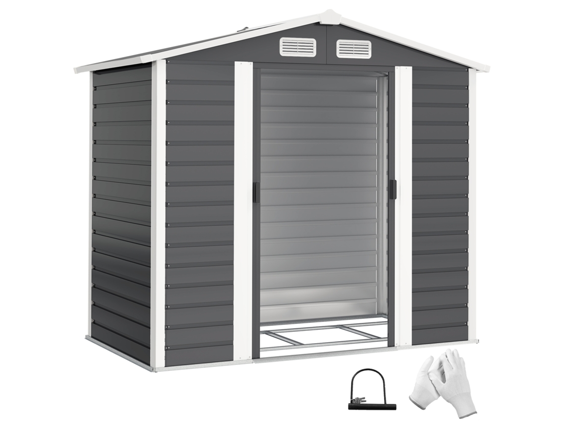 Casinha CHEZMOI metálica com portas de correr e fechadura com chaves, 2,1 X 1,2 X 1,9 m (Cinza escuro)