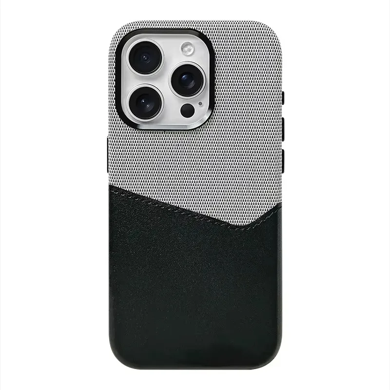 Capa De Celular Em Couro De Linho (cinza/preto Para Iphone 15 Pro Max), Carregamento Sem Fio, Resistente A Impactos.