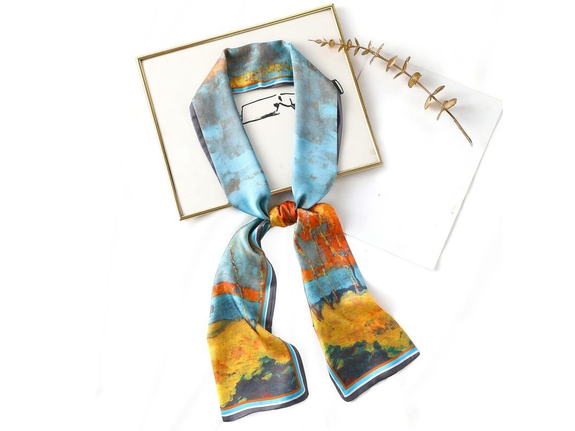 Fular De Seda De Morera 100% Para Mujer, Bandana Cuello 150x15 Cm (azul) Pintura Paisaje