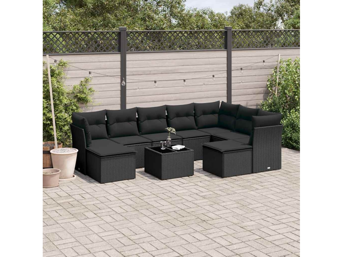 Vidaxl 10 Pcs Conjunto Sofás De Jardim C/ Almofadões Vime Pe Preto