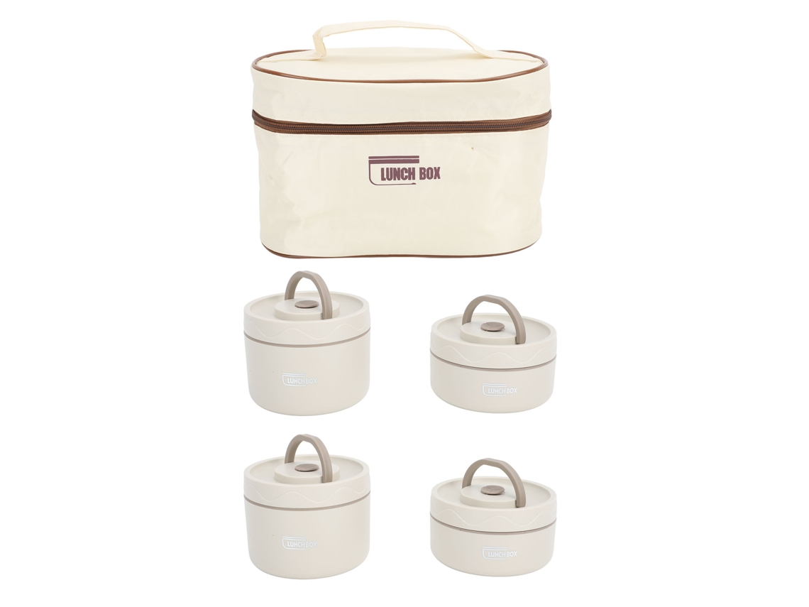 Conjunto de 4 Peças Bege: Lancheira Térmica em Aço Inoxidável 304 com Bolsa Térmica Redonda Portátil. MDUG