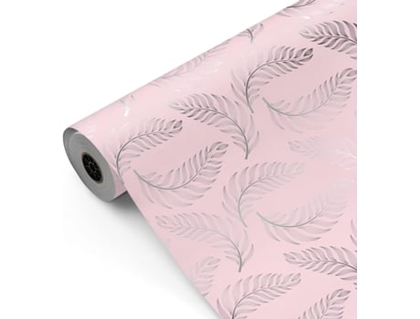 Bobina De Papel De Presente, Rolo Grande 62cm X 100m • Cor Rosa Com Penas Prateadas • Ideal Para Lojas Comércio Fiesta Paper