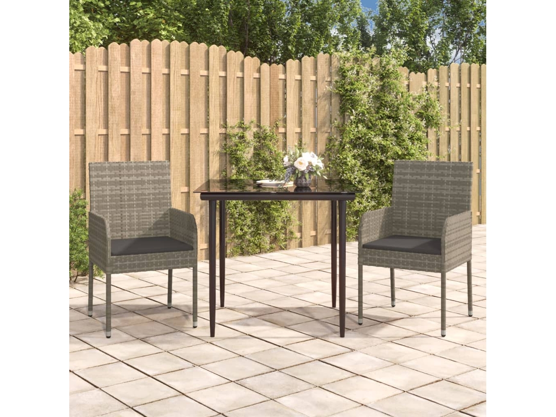Conjunto 3 Peças Jantar P/ Jardim C/ Almofadões Vime Pe Preto/cinza Dkd Home Decor