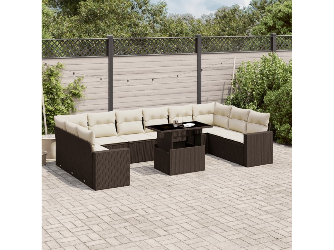 Vidaxl 11 Pcs Conjunto Sofás De Jardim C/ Almofadões Vime Pe Castanho
