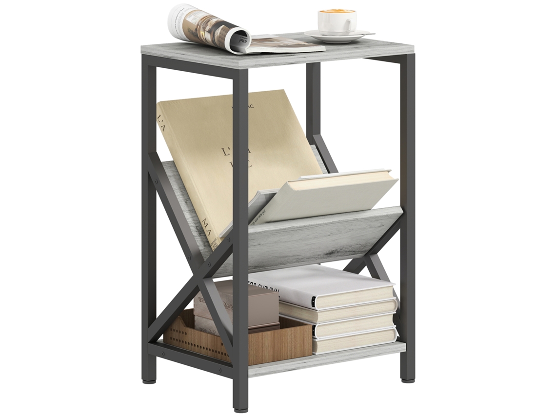 Mesa Auxiliar Estreita, Mesa Para Extremidade De Sofá De 3 Níveis Com Suporte Revistas Em V, Estrutura Aço 40x30x61cm, Cinza Escuro