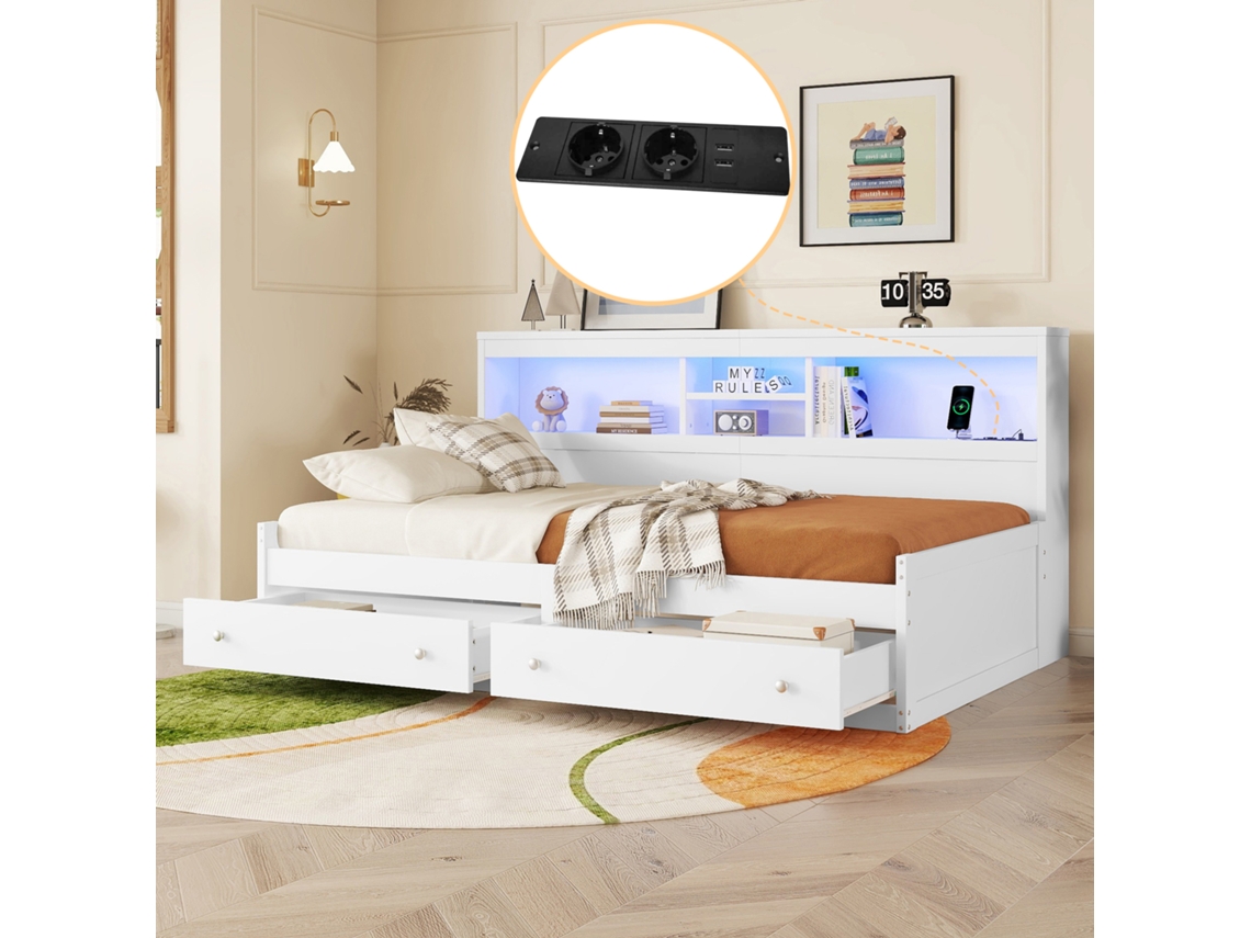 Cama De Dia 90x200cm Branco Com 2 Usb, Ladebuchsen, Iluminação E Gavetas