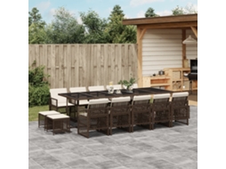 15 Pcs Conjunto Jantar P/ Jardim C/ Almofadões Vime Pe Castanho Dkd Home Decor