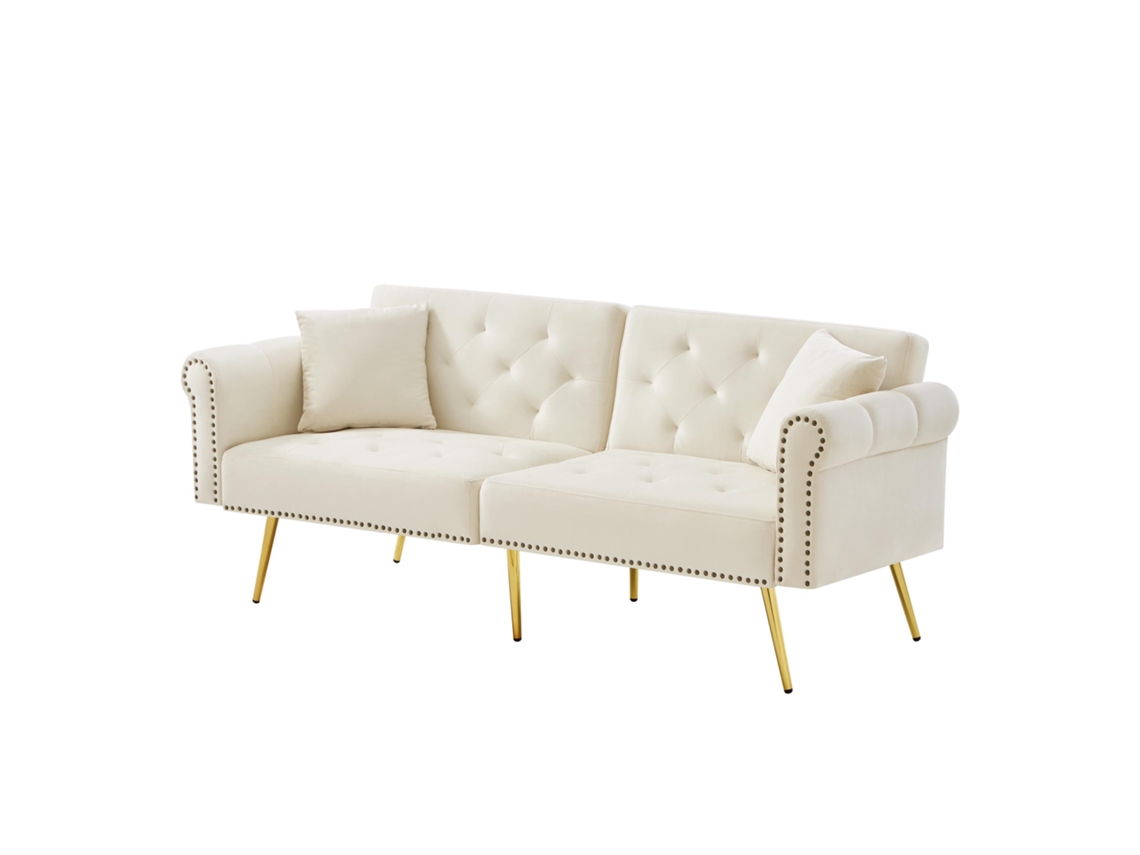 Sofá camas Moderno de 2 Lugares em Veludo com Encosto Ajustável em 3 Níveis e Pés de Metal Dourado, Ideal para Espaços Pequenos. ORBITRA COMMERCE