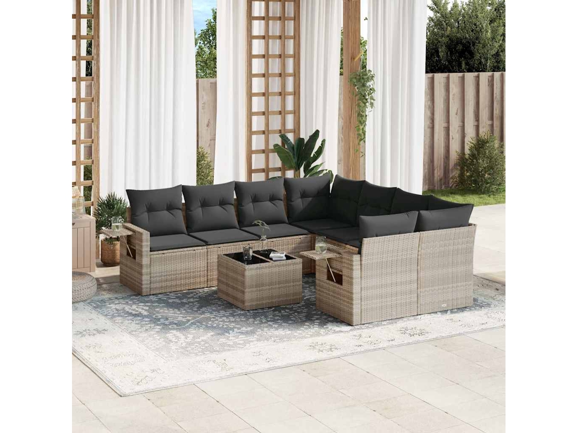 Vidaxl 9 Pcs Conj. Sofás Jardim Com Almofadões Vime Pe Cinzento-claro