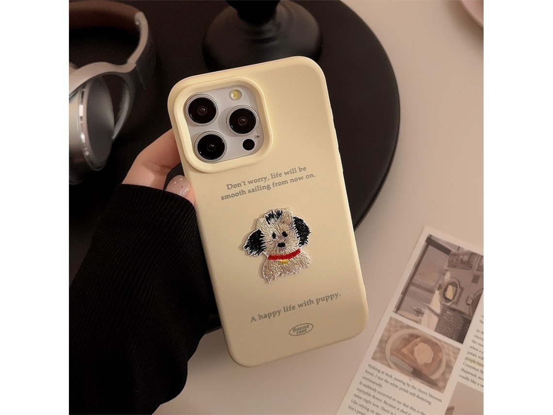 Capa Para Iphone 17 Creme Amarela Com Bordado De Cachorro Bell, Adesivo Bordado De Filhote, Silicone Macio, Desenho Animado 3d