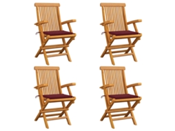 Vidaxl Cadeiras Jardim C/ Almofadões Vermelho Tinto 4 Pcs Teca Maciça