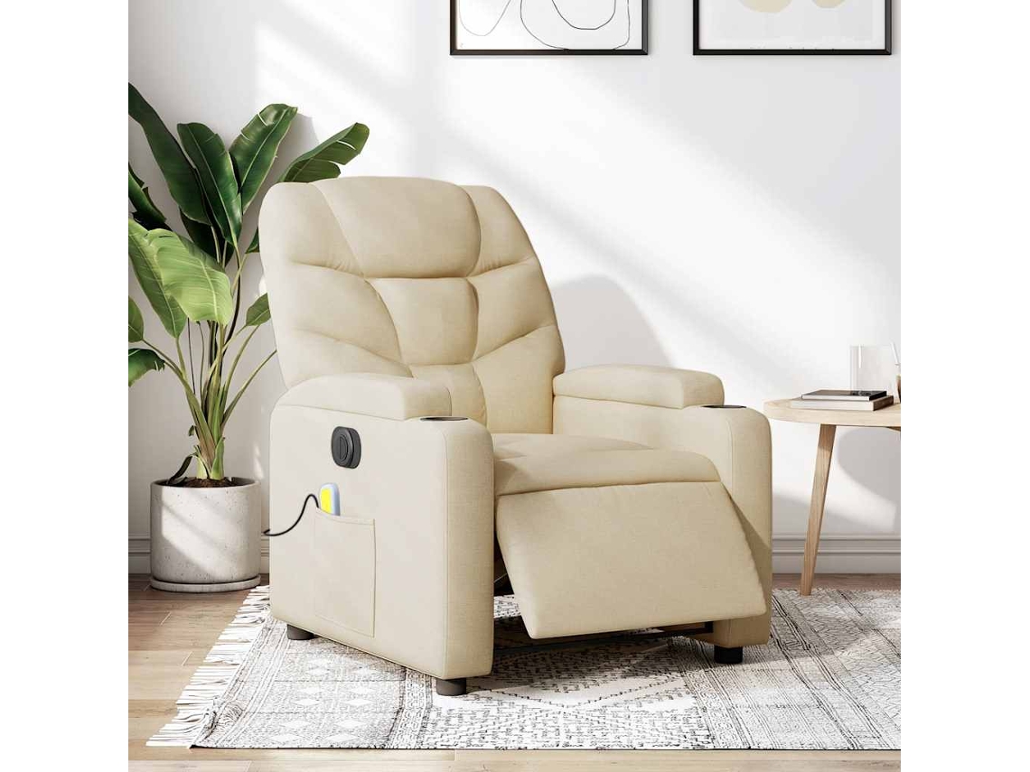Vidaxl Poltrona De Massagens Reclinável Elétrica Tecido Creme
