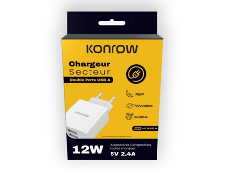 Kc12aaw Adaptateur Secteur 2 Ports Usb A Charge Rapide 12w, Blanc Konrow (compatible, Blister)