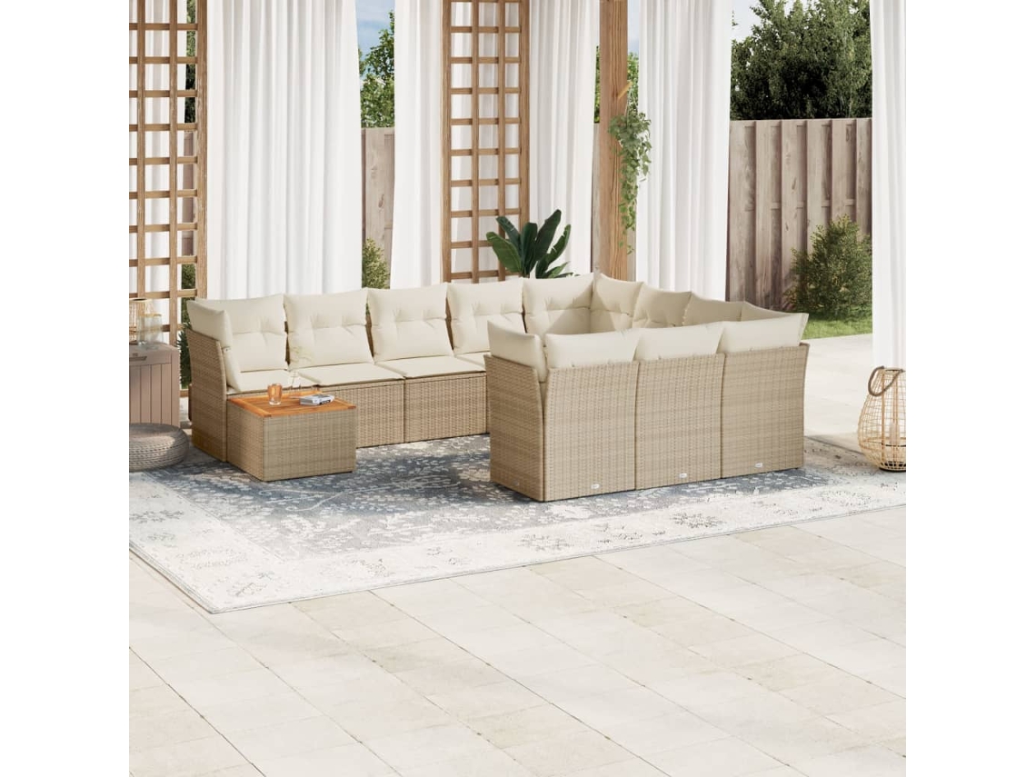 Conjunto de Sofá de Jardim 11 Peças C/ Almofadões Vime Pe Bege Dkd Home Decor