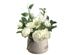 Conjunto de Flores Artificiais com Pequeno Vaso de Cerâmica Buquê de Rosas e Hortênsias NEVEANCE