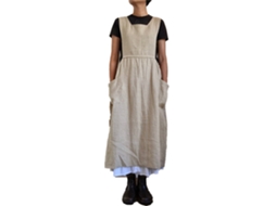 Vestido Feminino Casual Solto De Alças Longas Em Algodão E Linho Com Bolsos