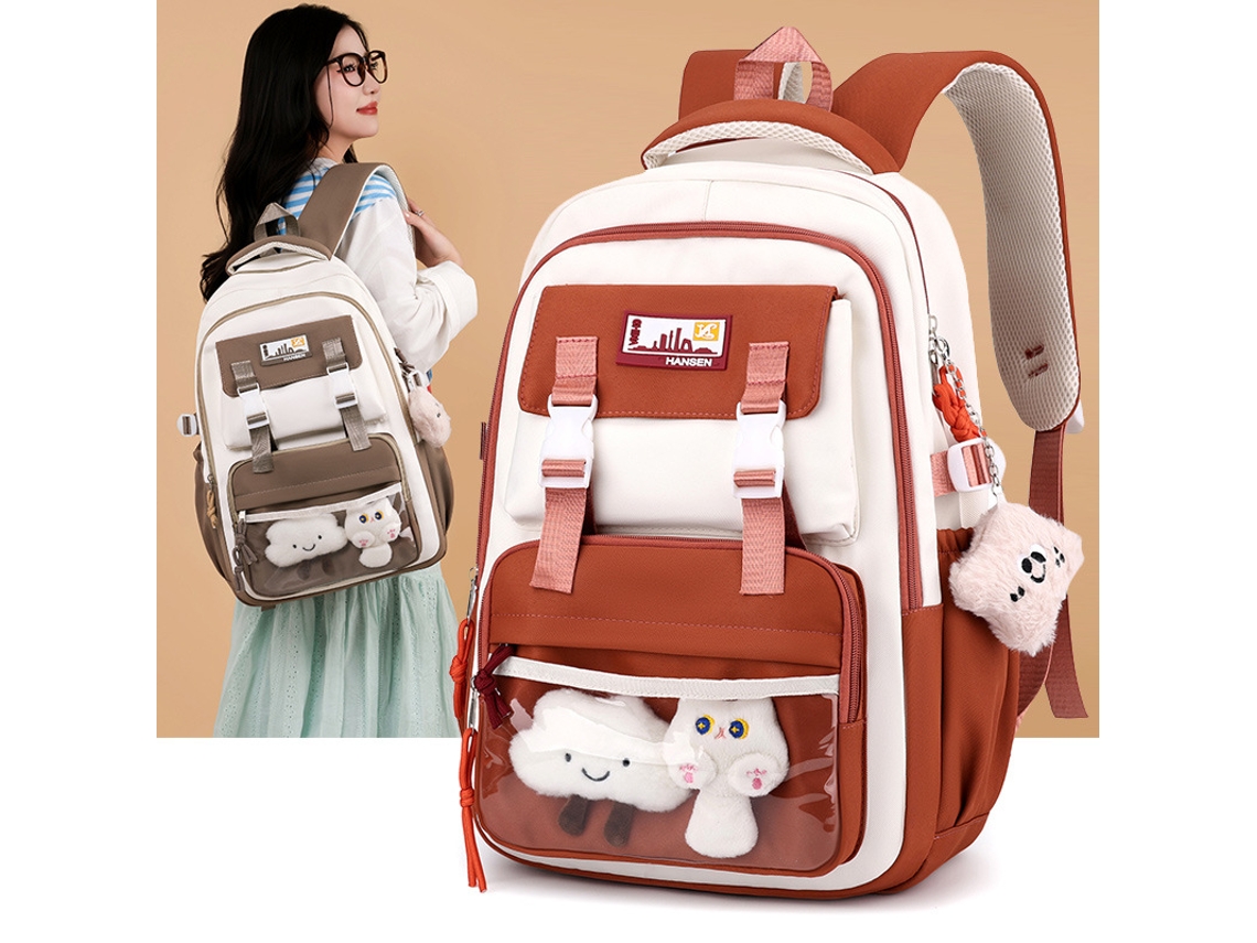 Mochila 2025 Grande Capacidade Mochila De Estudante De Quatro Peças Cáqui Pingente De Fita, 30*14*47