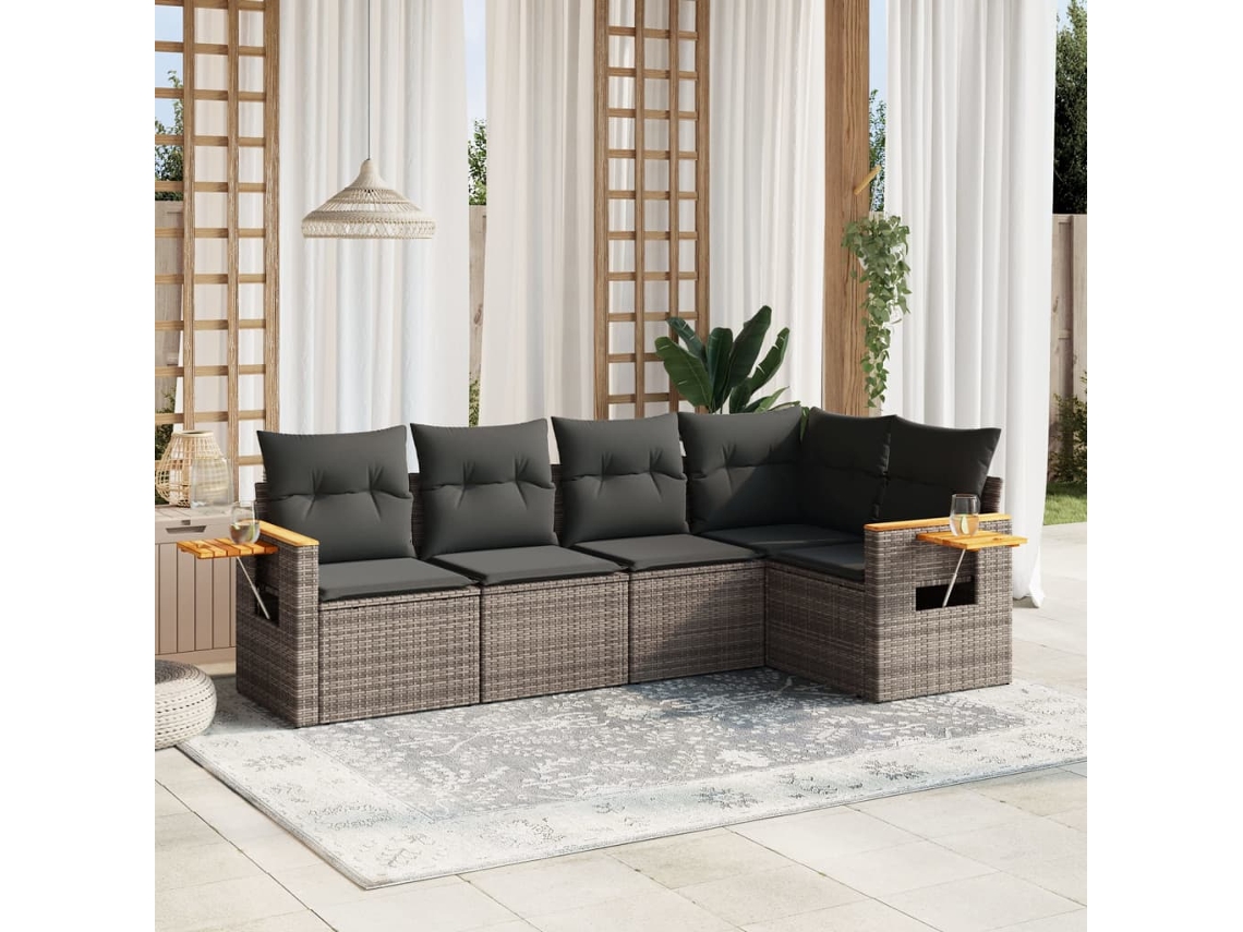 Vidaxl 5 Pcs Conjunto Sofás De Jardim C/ Almofadões Vime Pe Cinzento