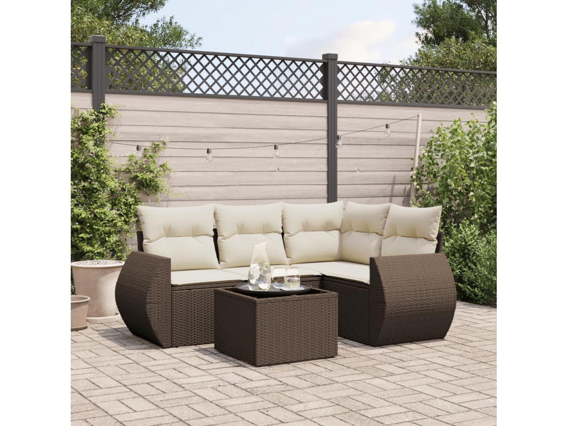 Vidaxl 5 Pcs Conjunto Sofás P/ Jardim C/ Almofadões Vime Pe Castanho