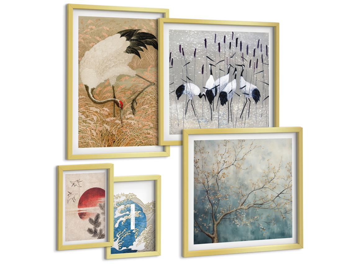 Conjunto De Pinturas Quadros Estilosos De Natureza E Pássaros Espelharte (5 Peças)