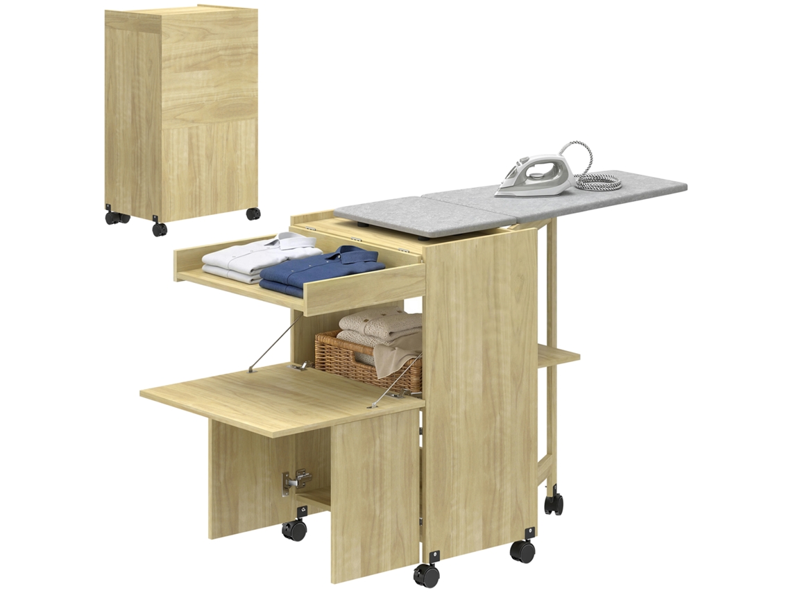 Mesa de Passar Dobrável com Suporte para Ferro e Cabideiro,154x55x87 Cm,madeira Natural BTFORUS
