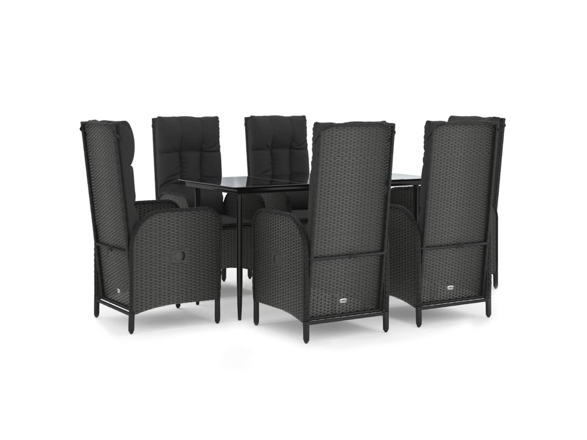 vidaXL 7 pcs conjunto de jantar p/ jardim c/ almofadões vime PE preto