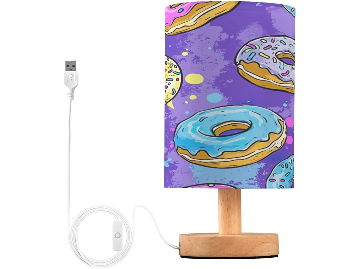 Luminária De Cabeceira Skyshu Em Formato Donut, Pequena Luminária De Mesa Led Usb Com Base Madeira Antiderrapante E