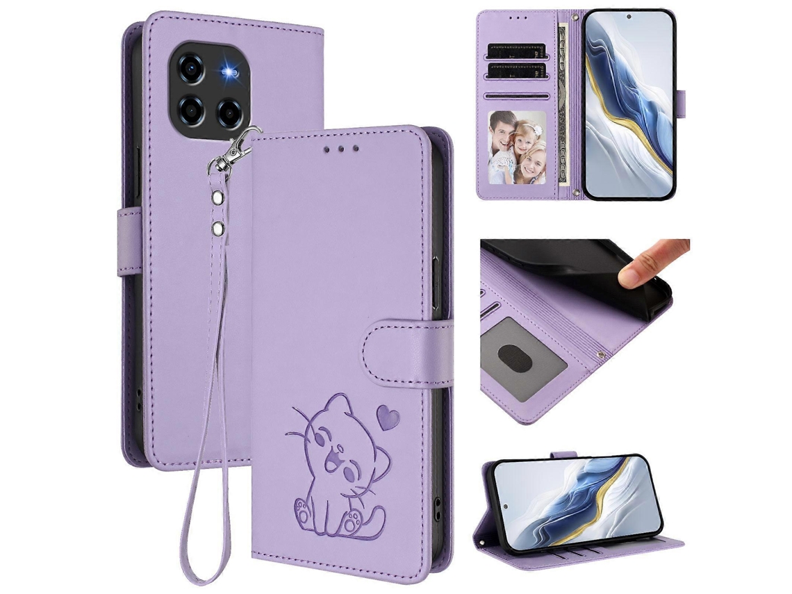 Capa De Couro Para Celular Com Estampa De Coração De Gato E Alça De Mão