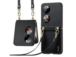Capa De Celular Com Alça Para Huawei P50 Pocket Em Couro Com Textura De Lichia Sulada E Tpu