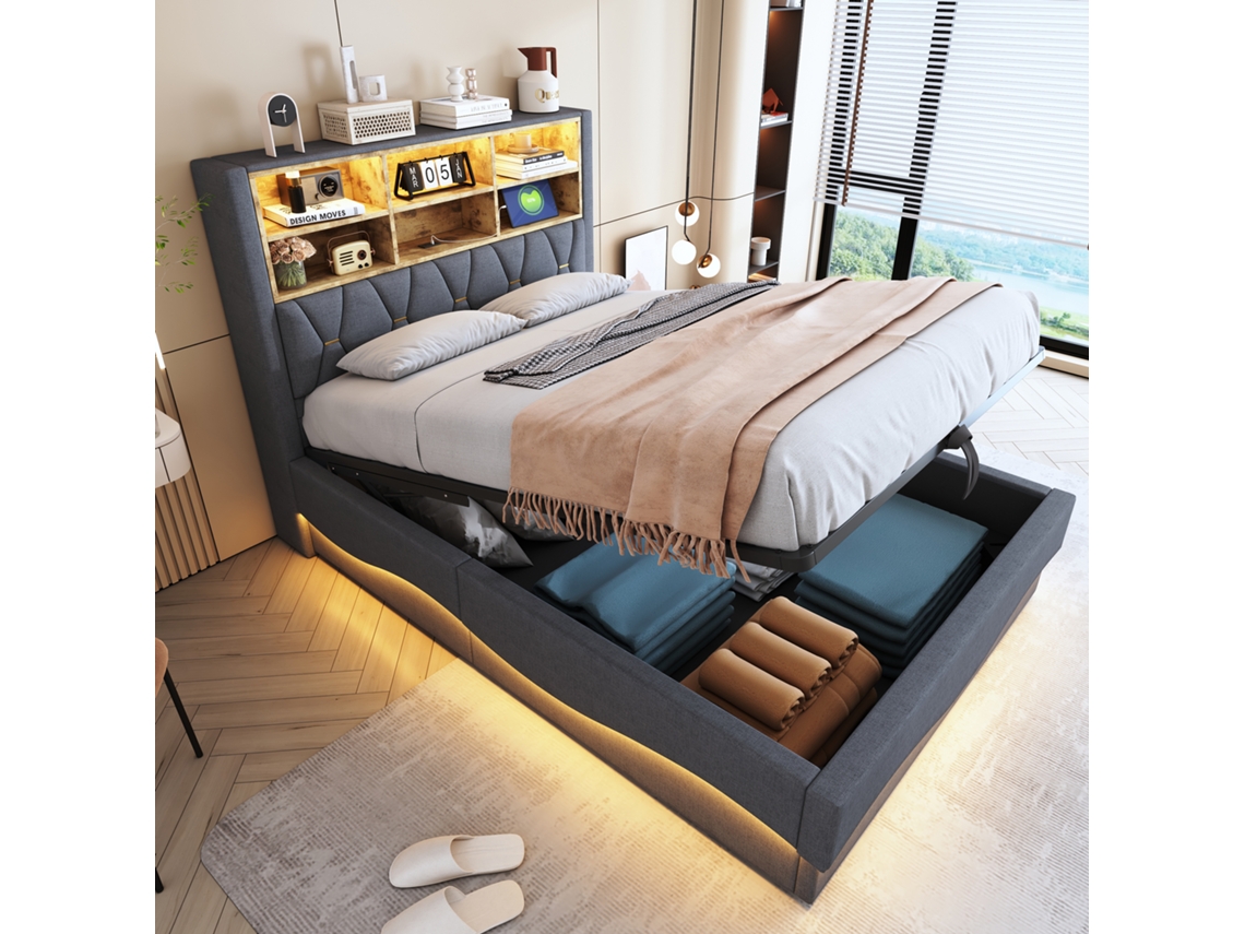 Cama Estofada 140x200 Hidráulico Led App Usb Ripas Metal Linho Cinza