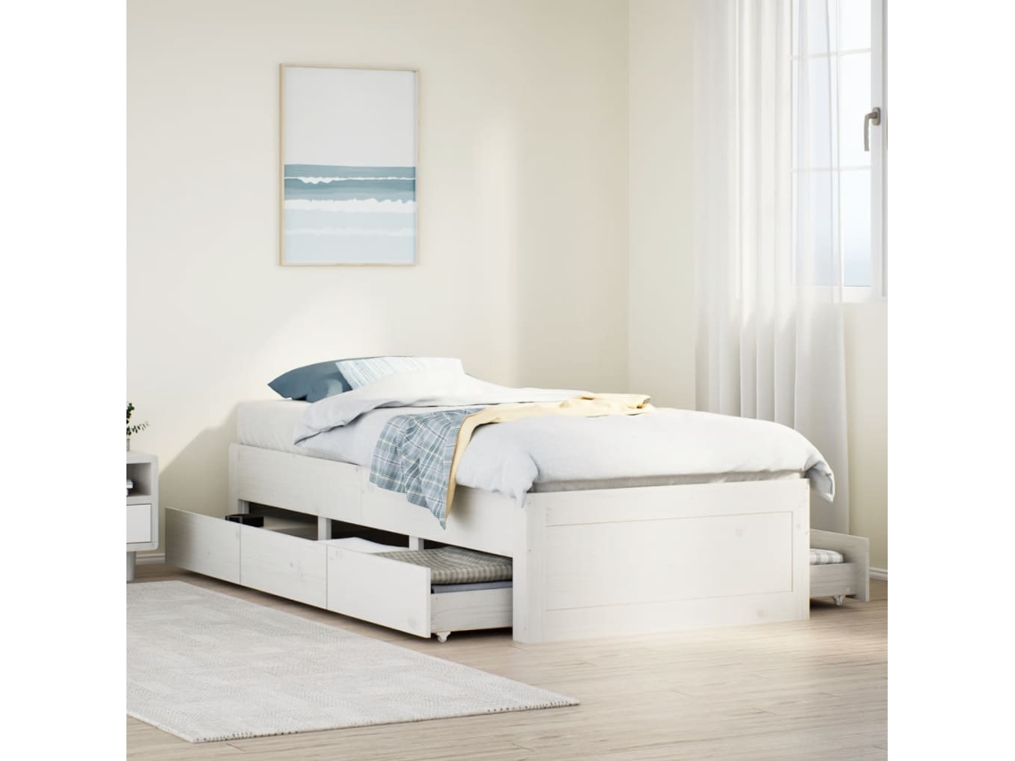 Vidaxl Cama Sem Colchão Com Gavetas 75x190 Cm Pinho Maciço Branco