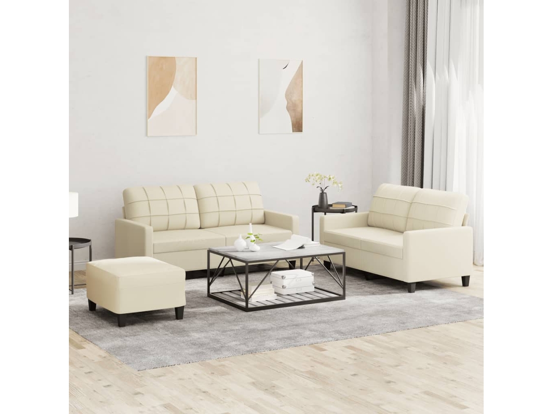 Vidaxl 3 Pcs Conjunto Sofás C/ Almofadões Couro Artificial Cor Creme