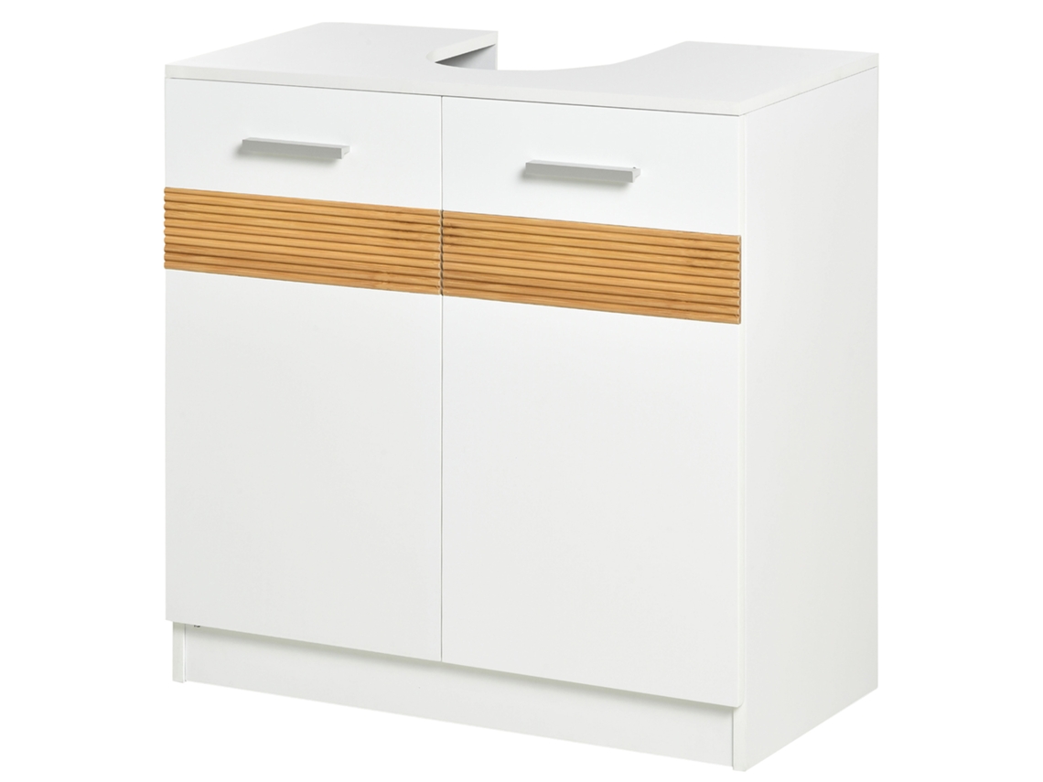 Armário para Baixo da Pia, Portas MDF e Bambu, 60x30x60.5cm Branco e Madeira S/MARCA