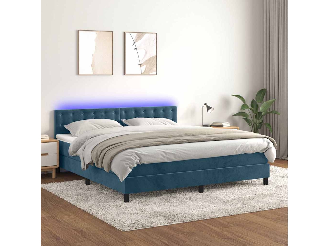 Vidaxl Cama Box Spring C/ Colchão/led 160x200 Cm Veludo Azul-escuro