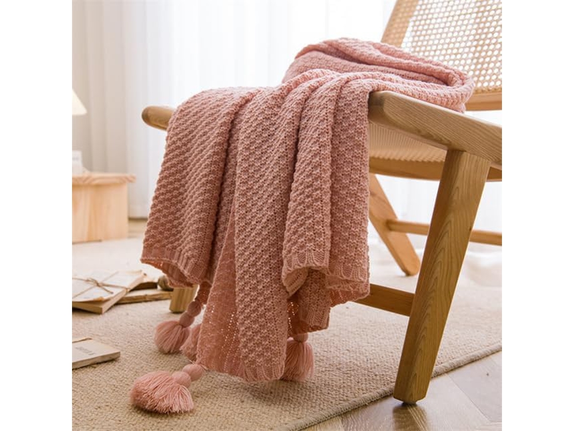 Mantas de Estilo Nórdico para Cama e Sofá Colcha Malha Grossa com Pompom Manta Cor Sólida Relevo, Macio, Quent