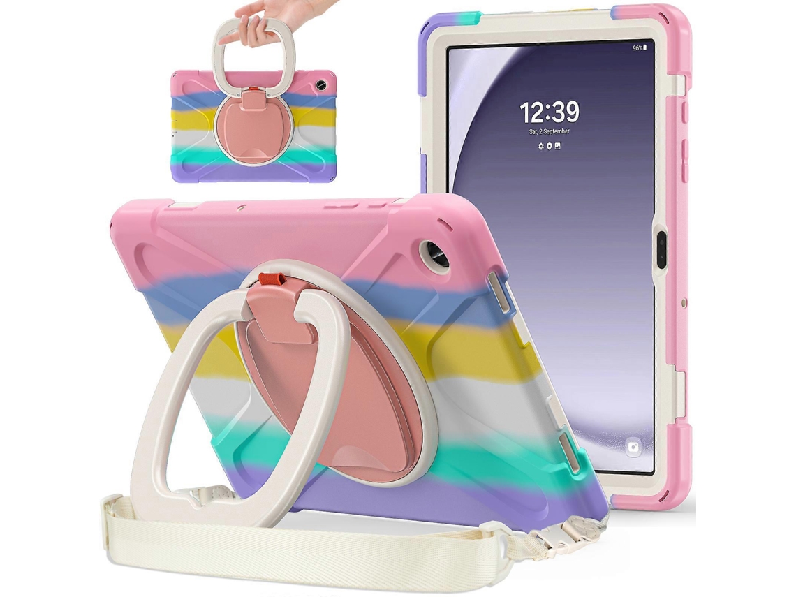 Capa para Samsung Galaxy Tab A9 com suporte giratório e alça de ombro antiderrapante, colorida, rosa Hengrongshen