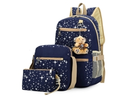 Mochila De Estudante De Quatro Peças, Impressão Em Tela, Mochila De Grande Capacidade, Preta, 27*17*44