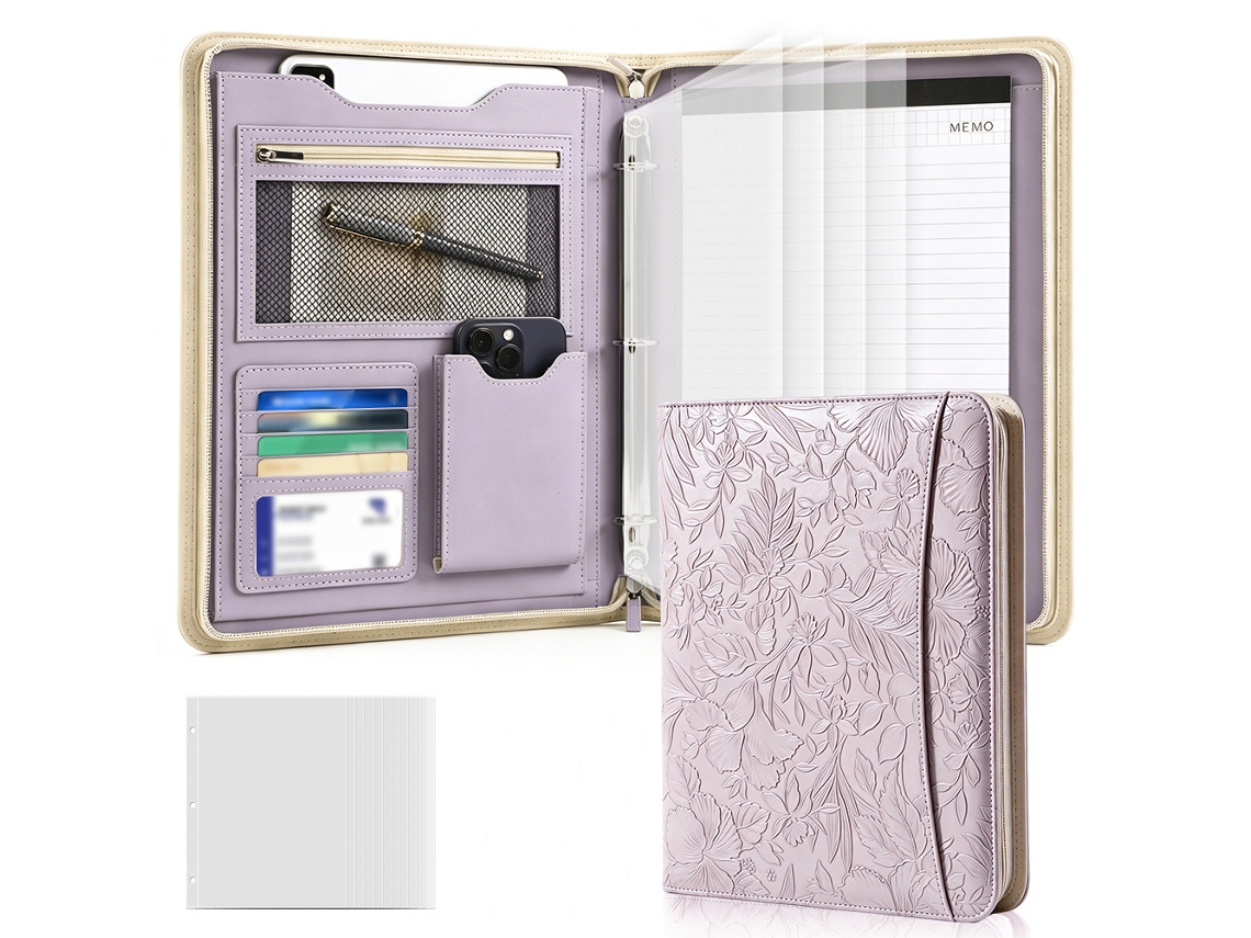 A4 Leather Multi Function Zippered Binder Manager Folder With Embossed Print, Purple Cover, 11-hole A4, 10one Grid