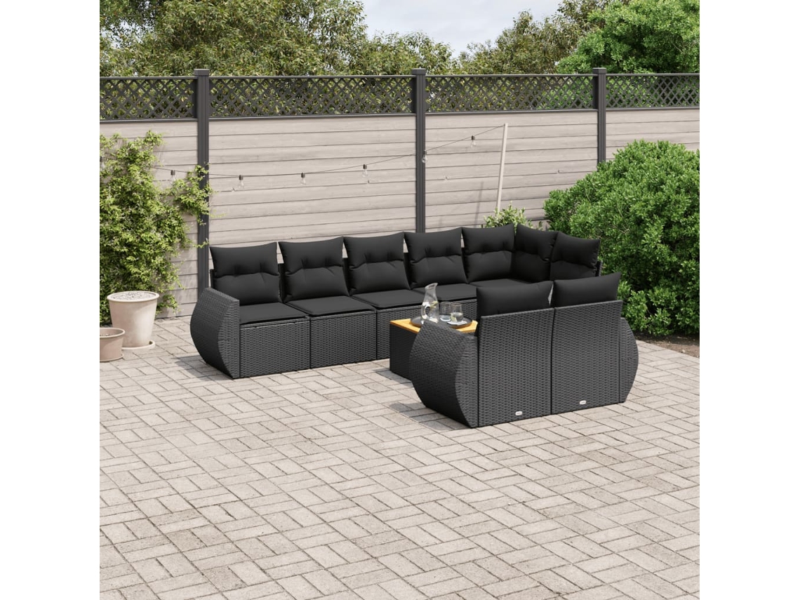 Vidaxl 9 Pcs Conjunto De Sofás P/ Jardim C/ Almofadões Vime Pe Preto
