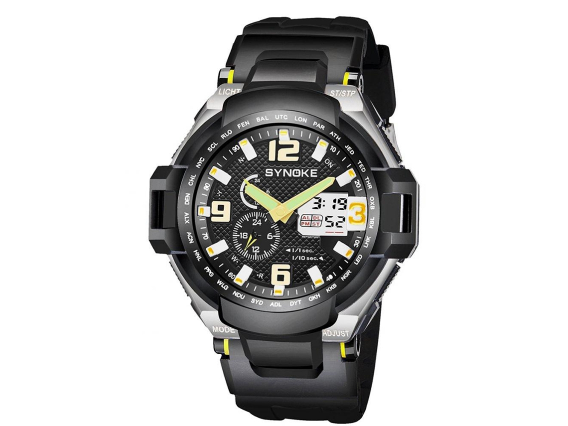 Relógio esportivo multifuncional Synoke para homens, relógio de pulso eletrônico (preto/amarelo)