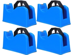 Dispensador portátil de fita adesiva azul em plástico, com base antiderrapante e design ajustável de tamanho duplo.