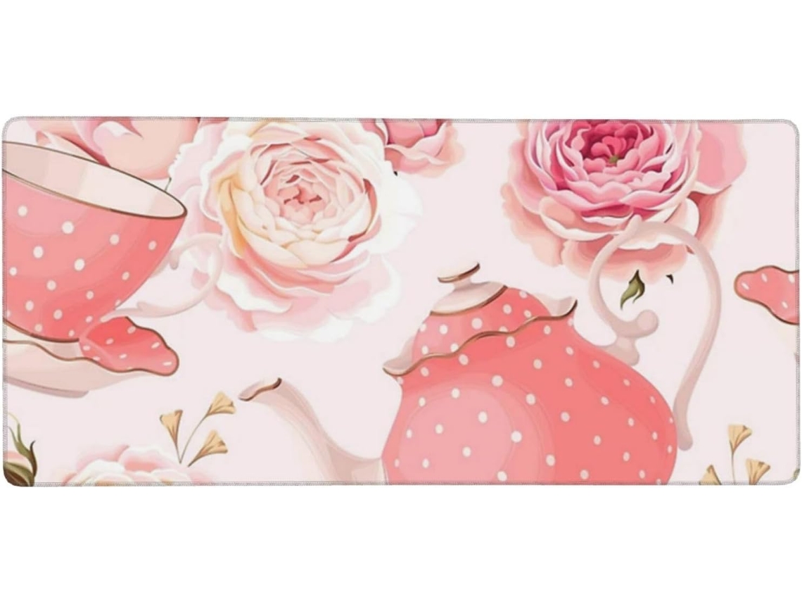 Bule de Chá Rosa Estampado, Mouse Pad Grande para Computador com Base Borracha Antiderrapante, 40 X 90 Cm