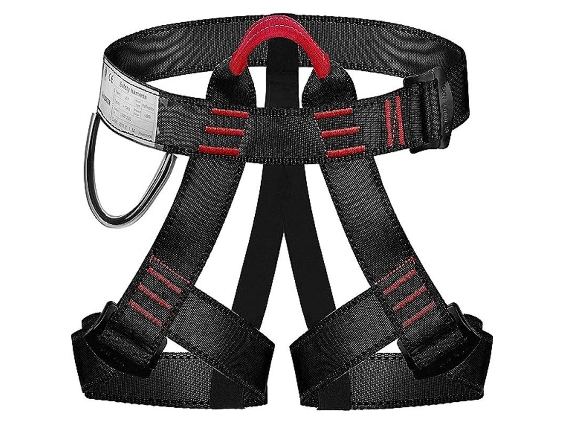 Arnês de escalada em árvores para montanhismo e resgate, limite de 100 kg, certificado CE, ajustável, preto.