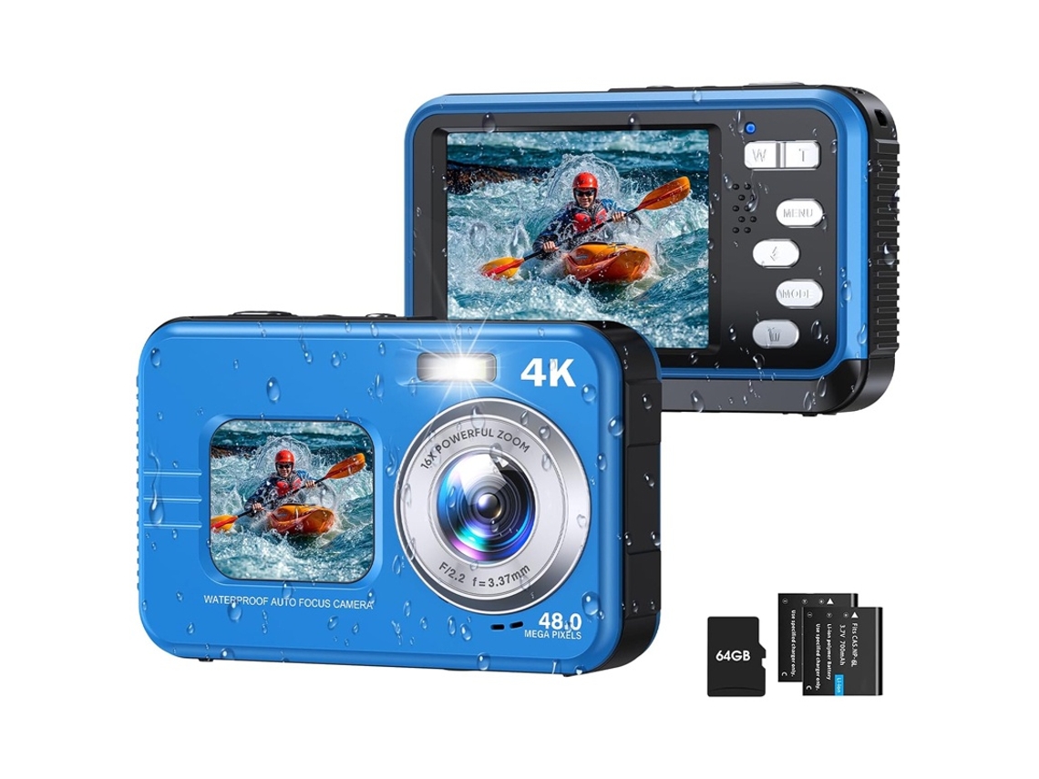 Câmera 4k À Prova D'água Com Tela Dupla, 48mp Para Selfies Subaquáticas Até 3,35m (azul)